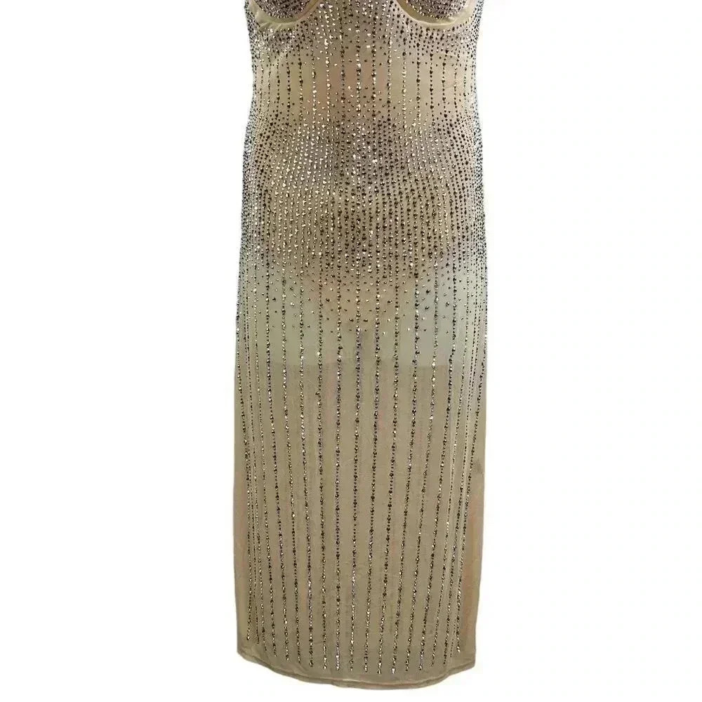 Ausuky Womens 5XL Clubwear Mesh See Through Diamond Bodycon Sling Sequin Dress - Picture 4 of 16